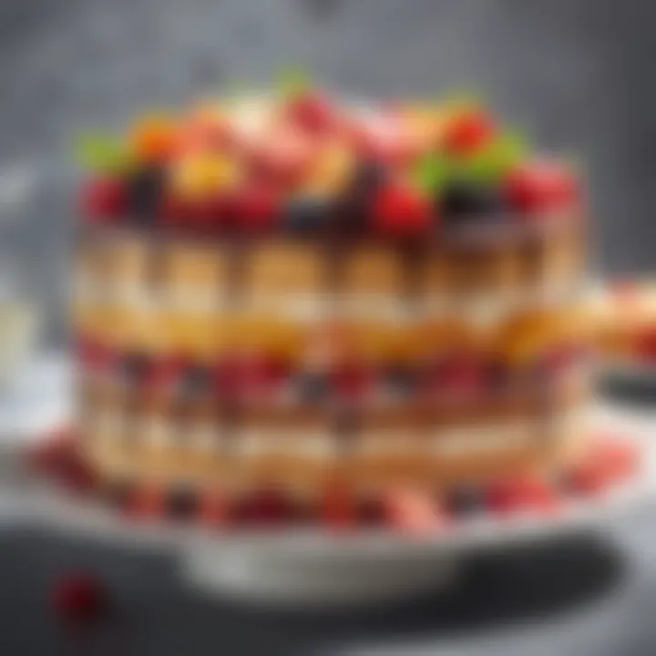 Layered cake showcasing vibrant fruit pudding filling