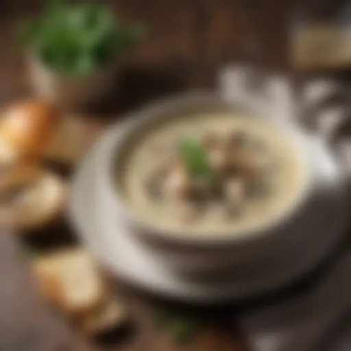 A bowl of creamy chicken and mushroom soup garnished with fresh herbs