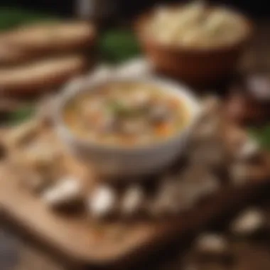 Fresh Ingredients for Soup Chopped fresh mushrooms and chicken pieces on a wooden board