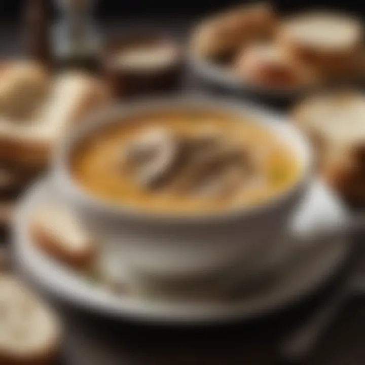A steaming bowl of soup alongside crusty bread