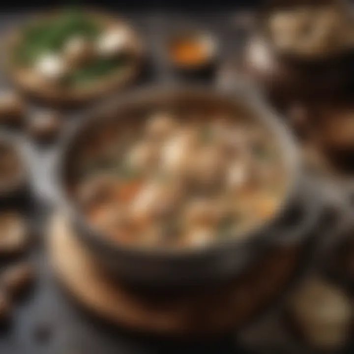 A pot simmering with chicken and mushroom ingredients