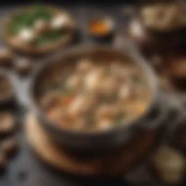 Simmering Chicken and Mushroom Ingredients A pot simmering with chicken and mushroom ingredients