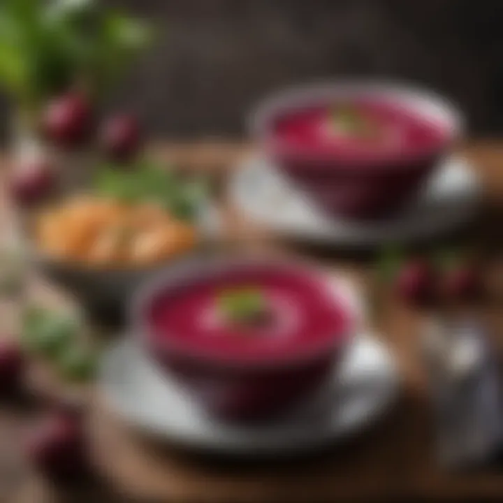 A striking presentation of beetroot soup, showcasing its deep red color and creamy garnish