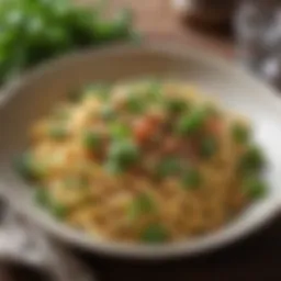 A vibrant bowl of fava bean pasta garnished with herbs