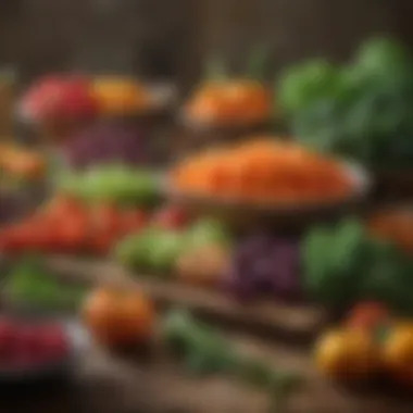 An array of colorful vegetables and fruits on a rustic table