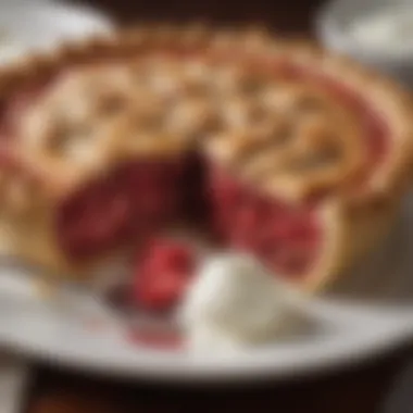 Delicious Rhubarb Pie with Cream Close-up of rhubarb pie slice with a dollop of cream