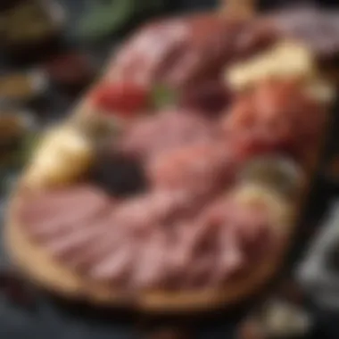 Charcuterie Board with Deli Meats and Peppercorns An elegant charcuterie board featuring various deli meats paired with a selection of peppercorns and complementary ingredients.
