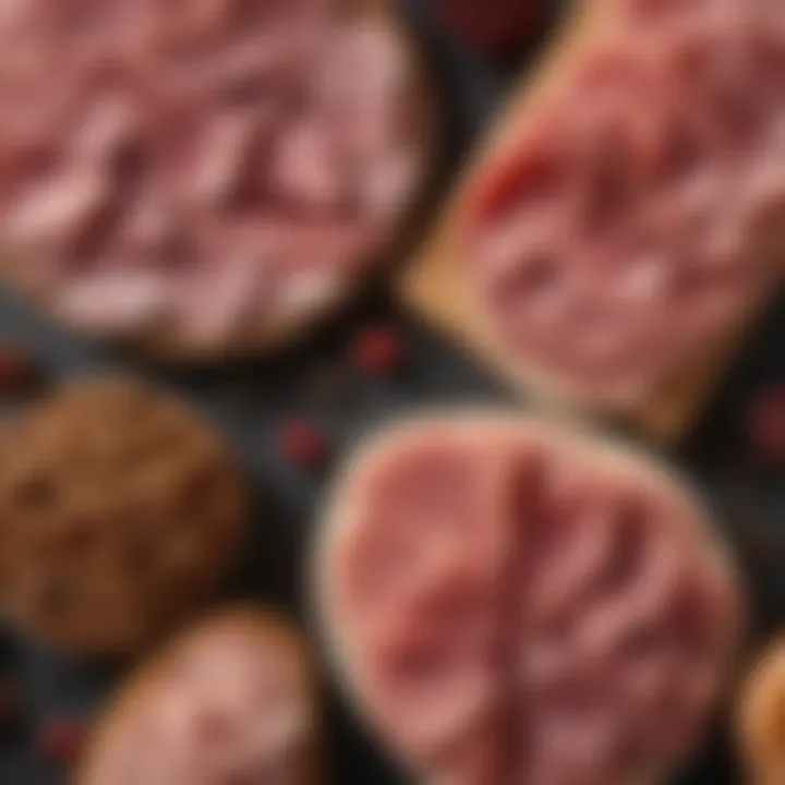 A close-up view of different types of peppercorns alongside slices of deli meats, highlighting their flavor-enhancing properties.