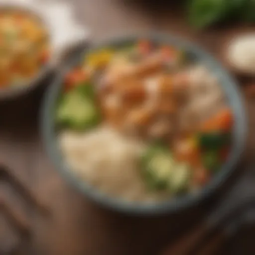 Healthy chicken and rice bowl with vegetables