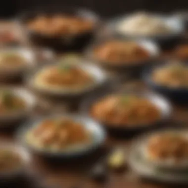 Variety of chicken and rice dishes on a table