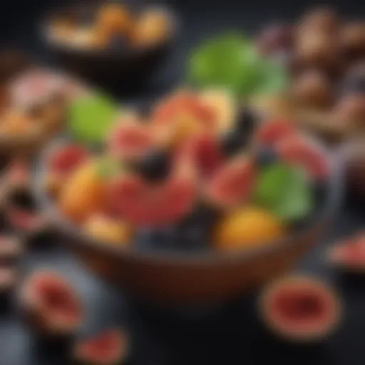 A vibrant bowl of assorted fruits high in fiber, such as figs and prunes, arranged artfully.