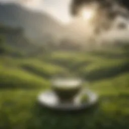 A serene landscape depicting a lush green tea plantation