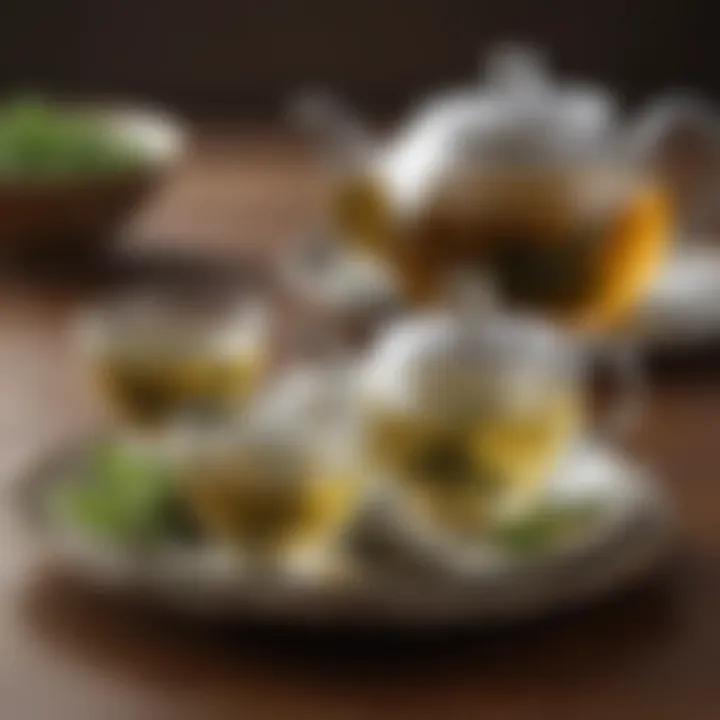 An elegant tea set featuring different types of brewed green tea
