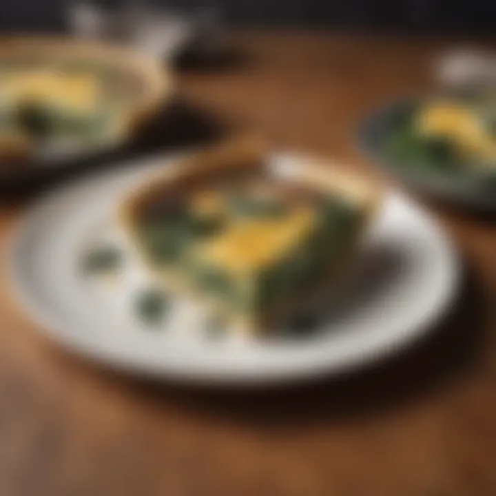 A plated spinach quiche with a golden crust.