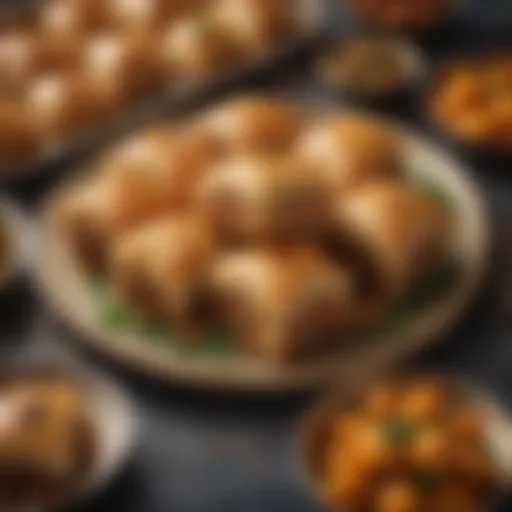 A vibrant display of Middle Eastern sweets showcasing baklava and maamoul
