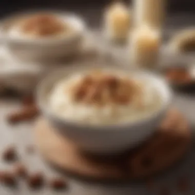 A bowl of creamy rice pudding topped with cinnamon and nuts
