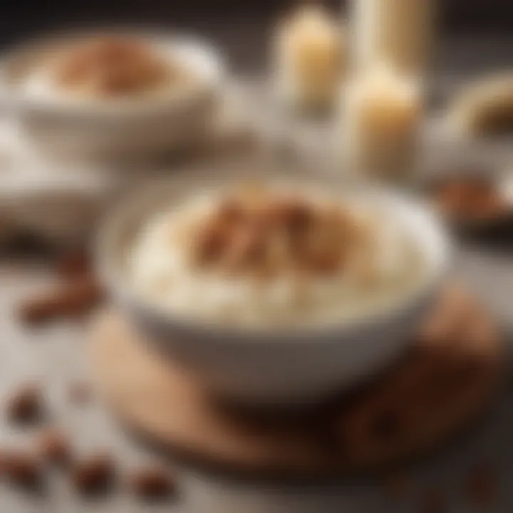 A bowl of creamy rice pudding topped with cinnamon and nuts