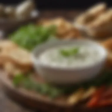 A close-up of a creamy dip with fresh herbs and spices garnishing.