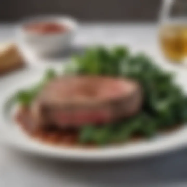 A close-up of a delicious plate featuring a steak and leafy greens.