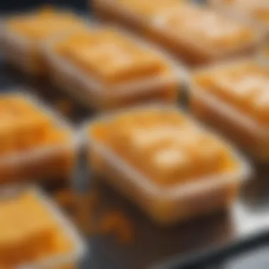 Containers of Frozen Cheddar for Culinary Use Small containers filled with frozen sliced cheddar cheese