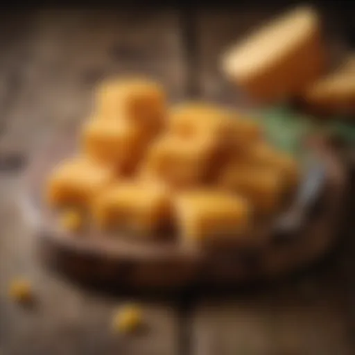 Sliced cheddar cheese arranged on a rustic wooden board