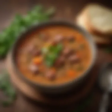 A bowl of hearty sausage and lentil soup garnished with fresh herbs.