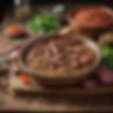 Close-up of lentils and sausage ingredients arranged on a rustic wooden table.