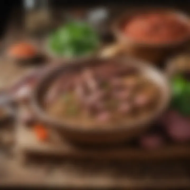 Close-up of lentils and sausage ingredients arranged on a rustic wooden table.