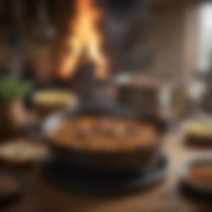 A traditional frontier kitchen featuring a pot of simmering soup over a fire.