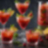 A vibrant display of various fruity cocktails garnished with fresh fruits and herbs