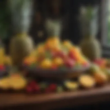 Tropical Fruits for Cocktails A beautifully arranged bar top with an array of tropical fruits used in cocktail creation