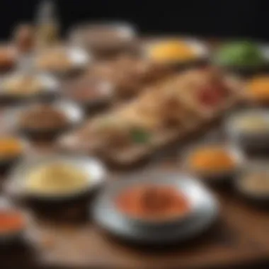 Elegant Presentation of Gluten and Dairy-Free Dishes A colorful spread of gluten and dairy-free dishes elegantly presented on a wooden table.