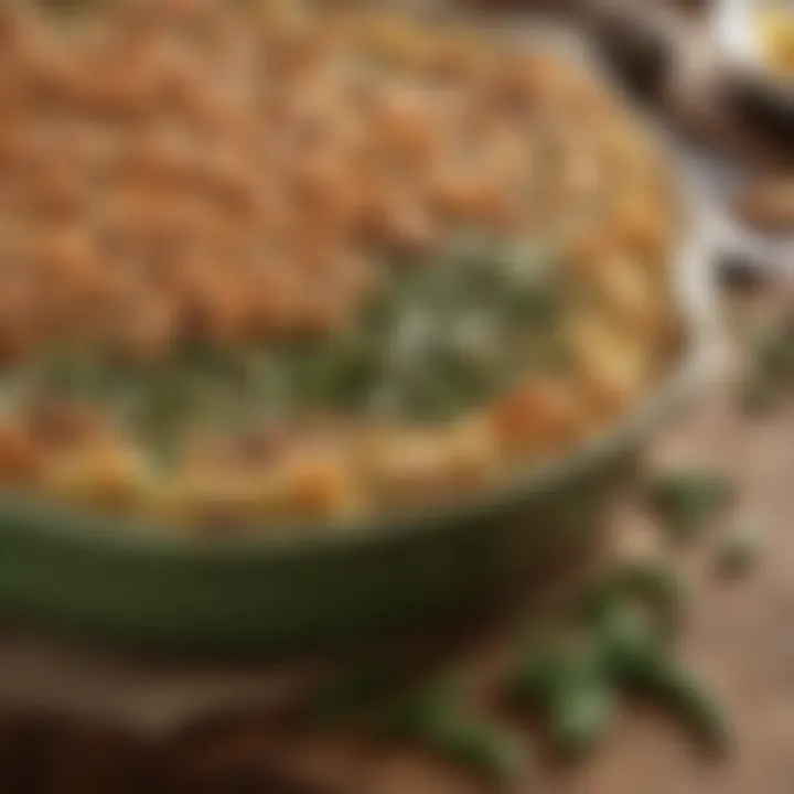 A close-up of green bean casserole showcasing its rich texture and flavor.