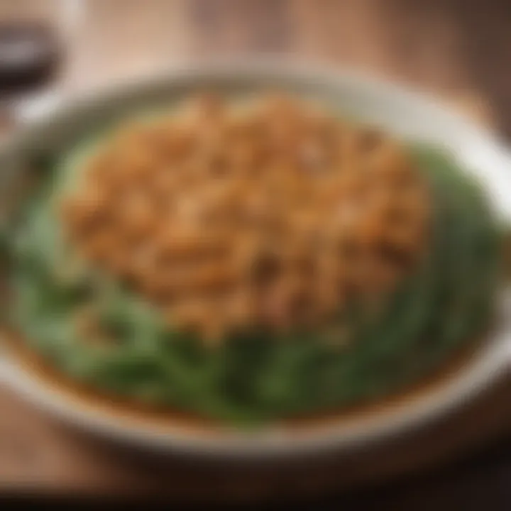 A beautifully plated green bean casserole with a glossy soy sauce glaze.