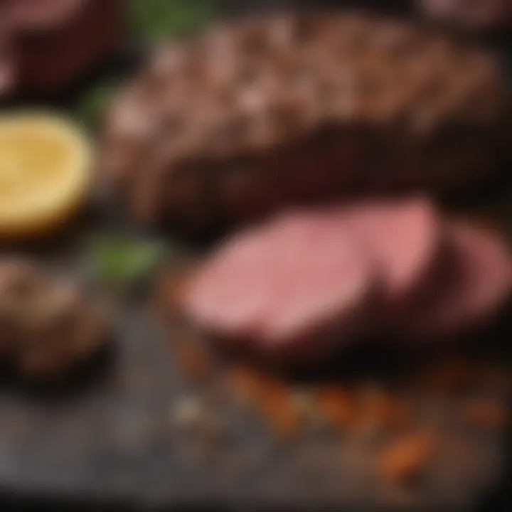 A close-up of ground venison meat being seasoned with spices