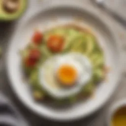 A vibrant breakfast plate showcasing avocado toast topped with perfectly poached eggs