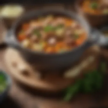 A bowl of hearty pork stew with a variety of vegetables