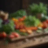 A vibrant spread of fresh vegetables and herbs arranged artistically on a wooden table