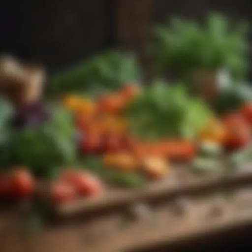 A vibrant spread of fresh vegetables and herbs arranged artistically on a wooden table