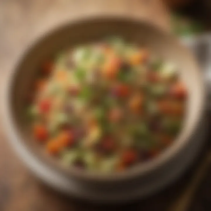 A colorful bowl of quinoa salad featuring a variety of vegetables and a zesty dressing