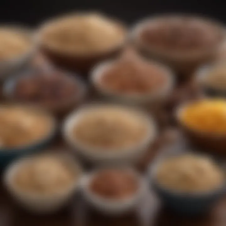 An assortment of whole grains, nuts, and seeds displayed in elegant bowls