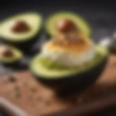 Avocado Delight with Cream Cheese Cream cheese stuffed avocado garnished with seeds and spices