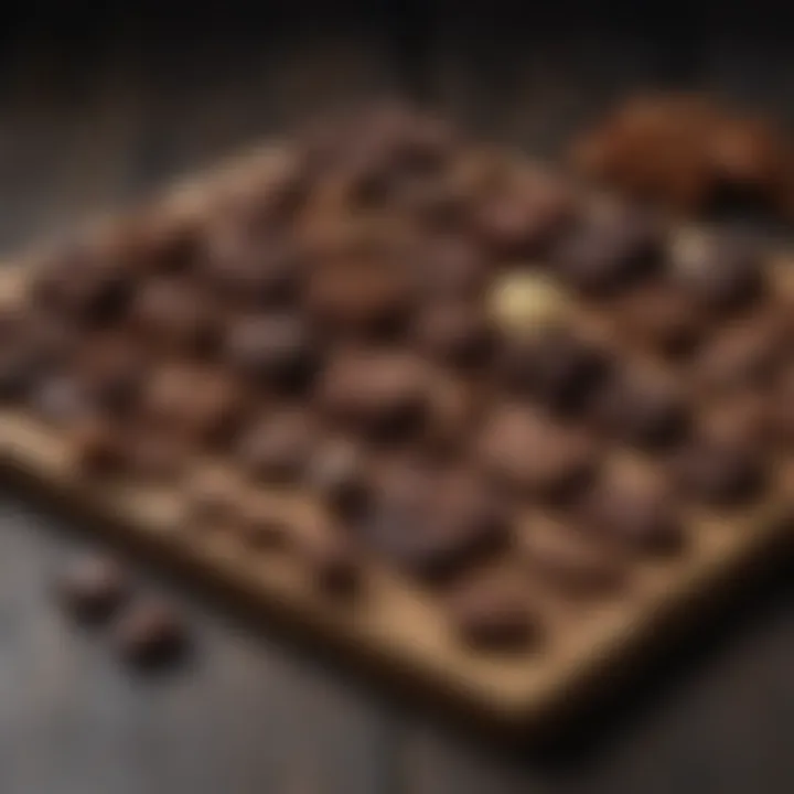 An elegant display of dark chocolate snacks on a wooden board, highlighting quality products