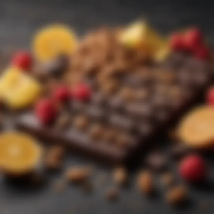 A collection of dark chocolate pieces alongside fresh fruits and nuts