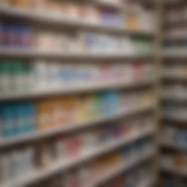 An organized display of various over-the-counter and prescription medications on a pharmacy shelf.