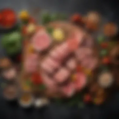 Vibrant Ingredients for Nutritious Meals A colorful assortment of high protein, low carb ingredients including lean meats and vibrant vegetables