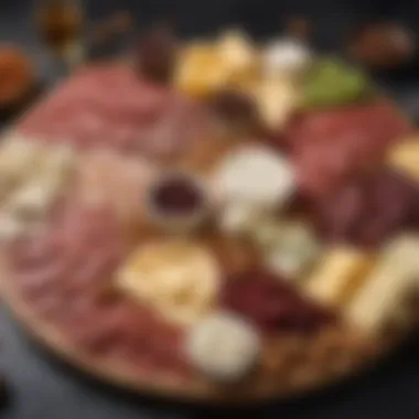 Artistic Charcuterie Board Display A beautifully arranged charcuterie board showcasing various cheeses, nuts, and meats