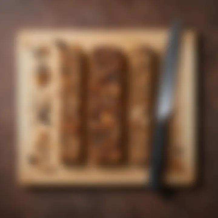 An overhead shot of energy bars being cut into uniform pieces on a cutting board.