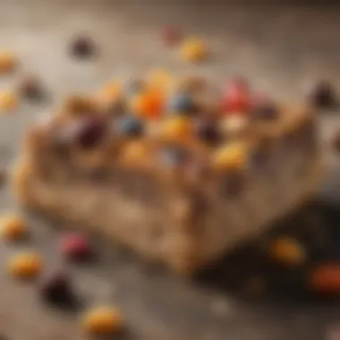A close-up of a finished energy bar with a rich texture and appealing toppings.