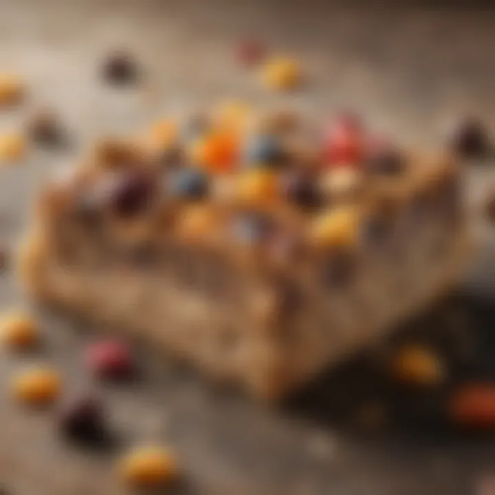 A close-up of a finished energy bar with a rich texture and appealing toppings.